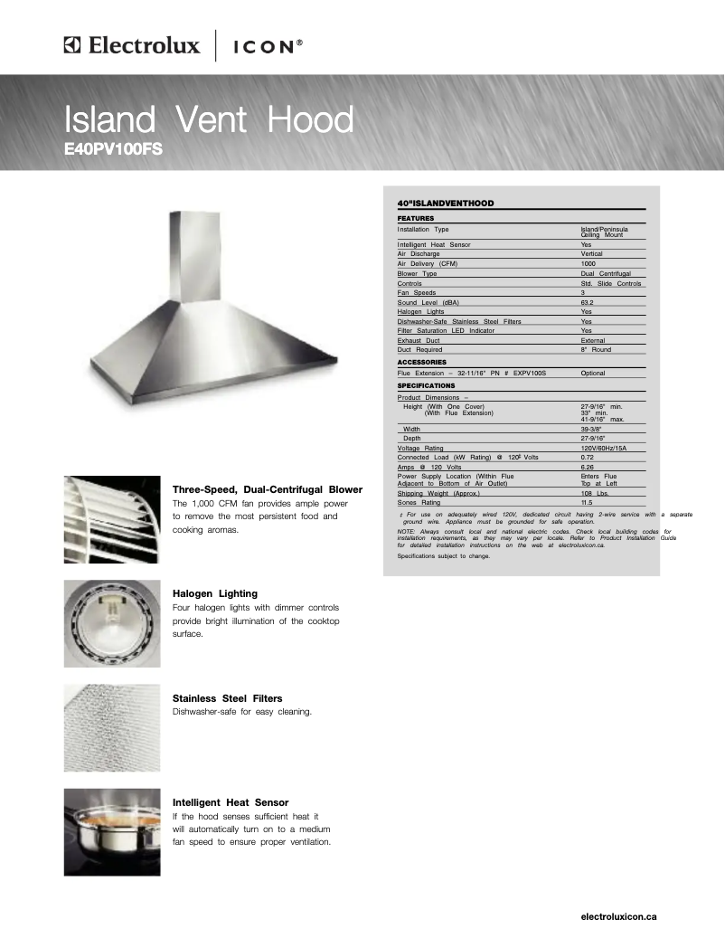 Página 1 del manual Ficha técnica Electrolux E40PV100FS