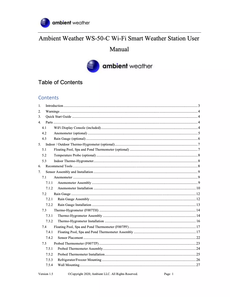 Page 1 de la notice Manuel utilisateur Ambient Weather WS-50
