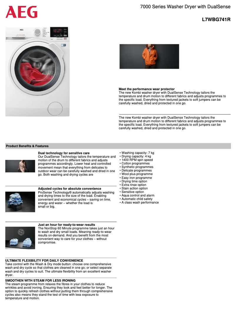 Página 1 del manual Ficha técnica AEG L7WBG741R