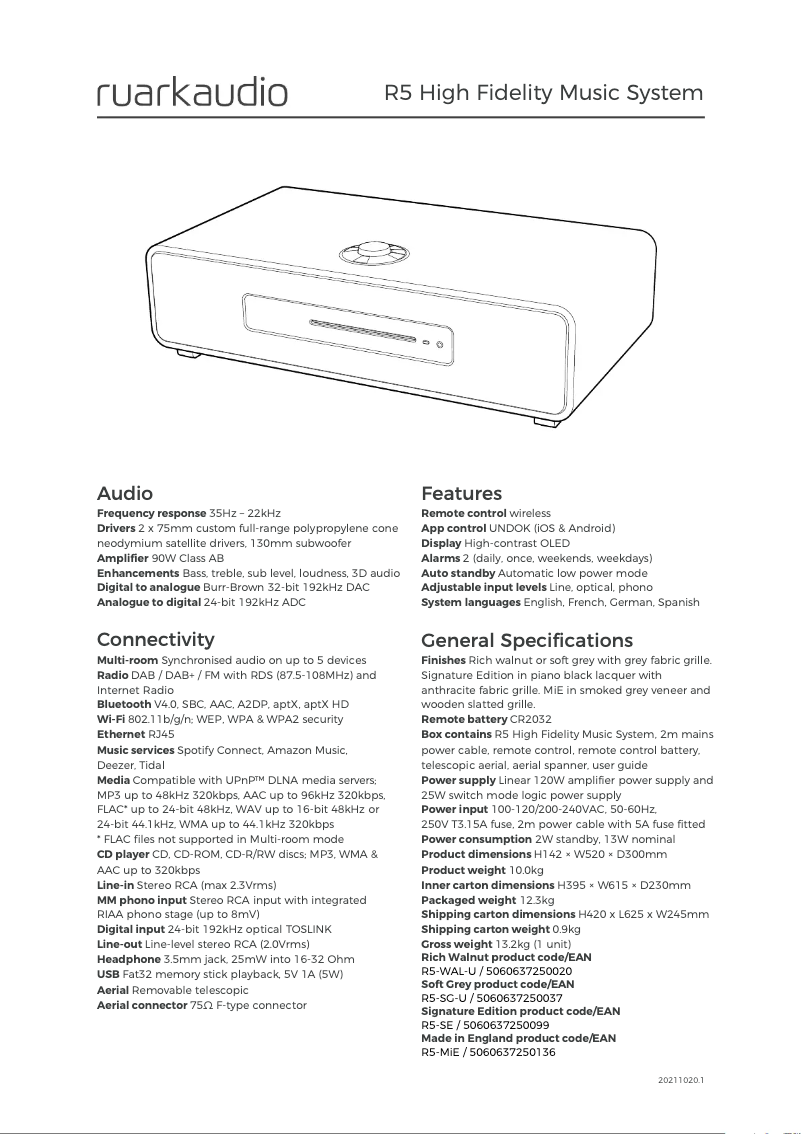 Page 1 de la notice Fiche technique Ruark Audio R5 Mk1