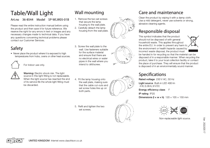 Page 1 de la notice Manuel utilisateur Cotech SP-WLW05-01B