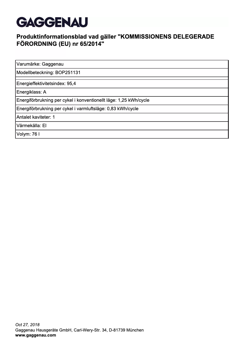Page 1 de la notice Fiche technique Gaggenau BOP251131