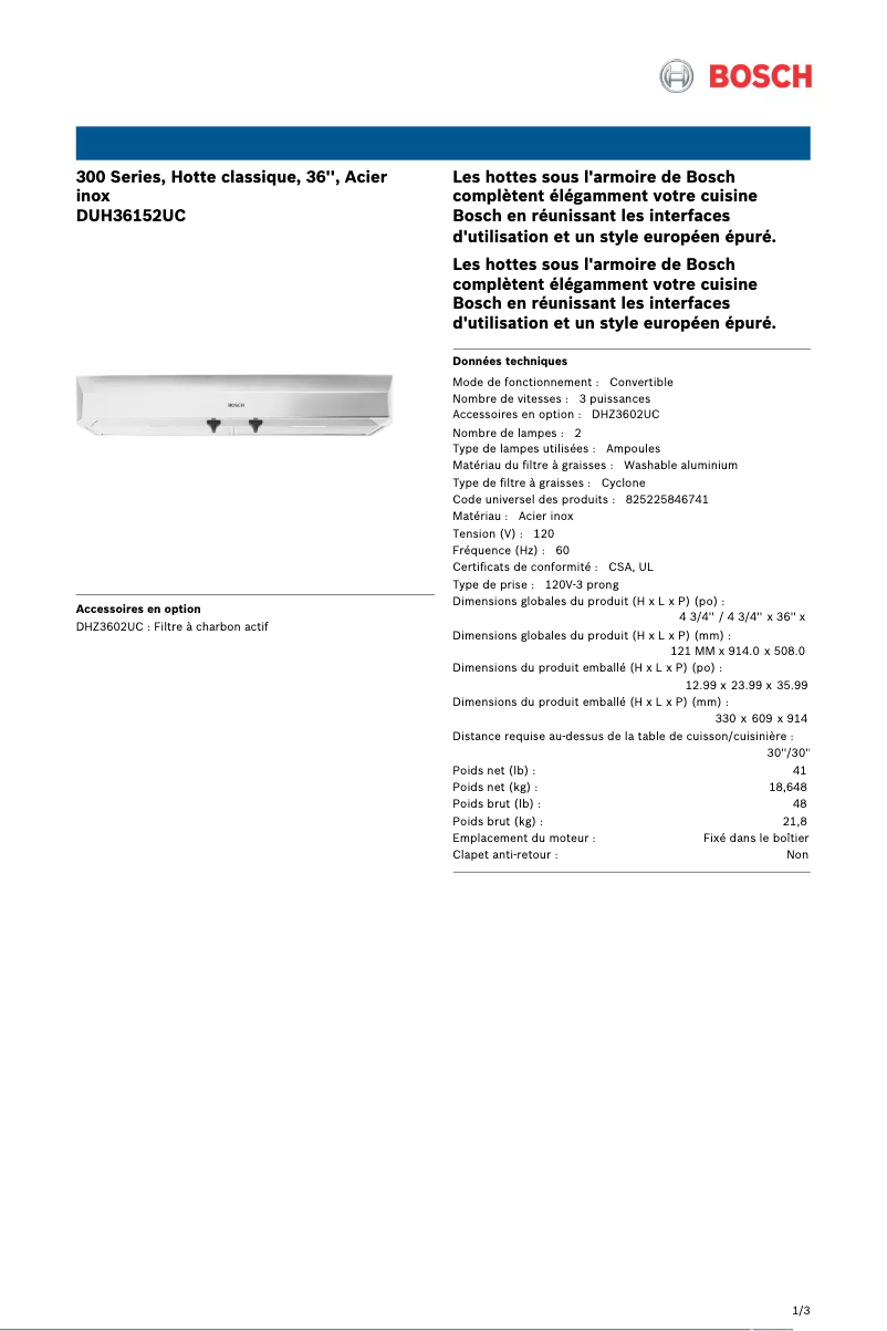 Page 1 de la notice Fiche technique Bosch DUH36152UC