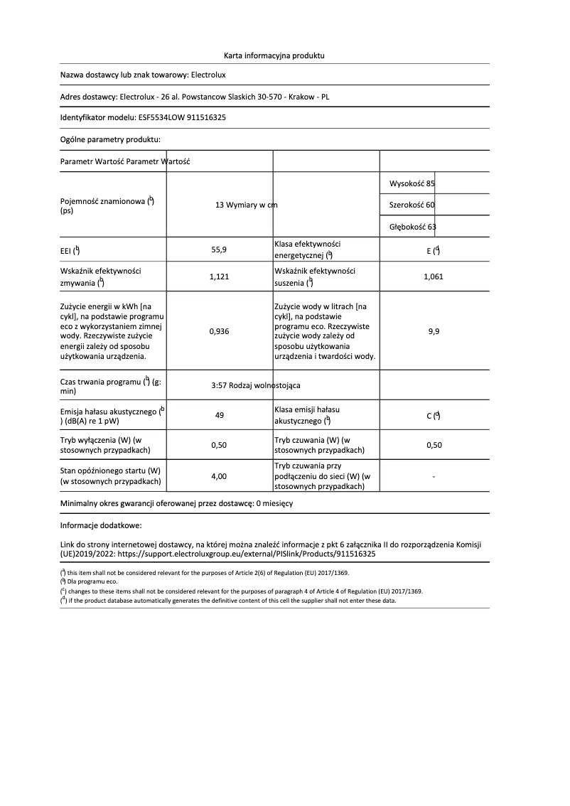 Página 1 del manual Ficha técnica Electrolux ESF5534LOW