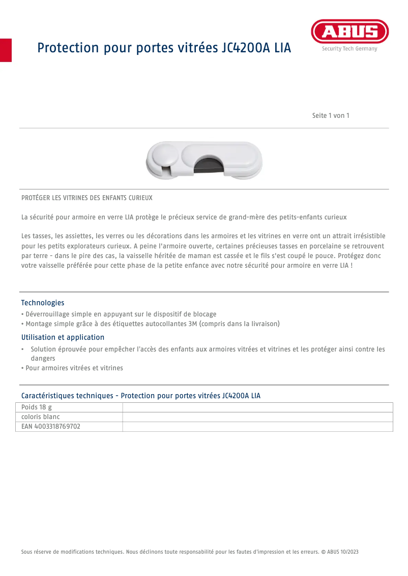 Page 1 de la notice Fiche technique Abus JC4200A LIA
