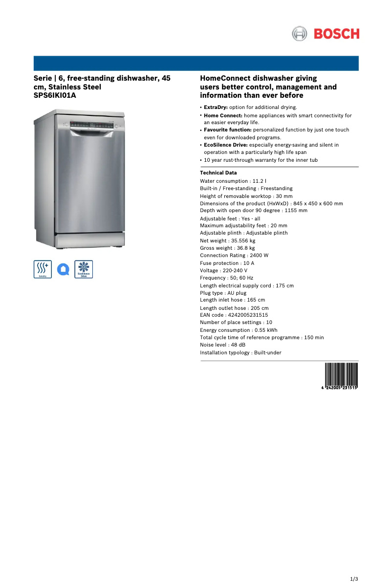 Page 1 of the manual Technical Sheet Bosch SPS6IKI01A