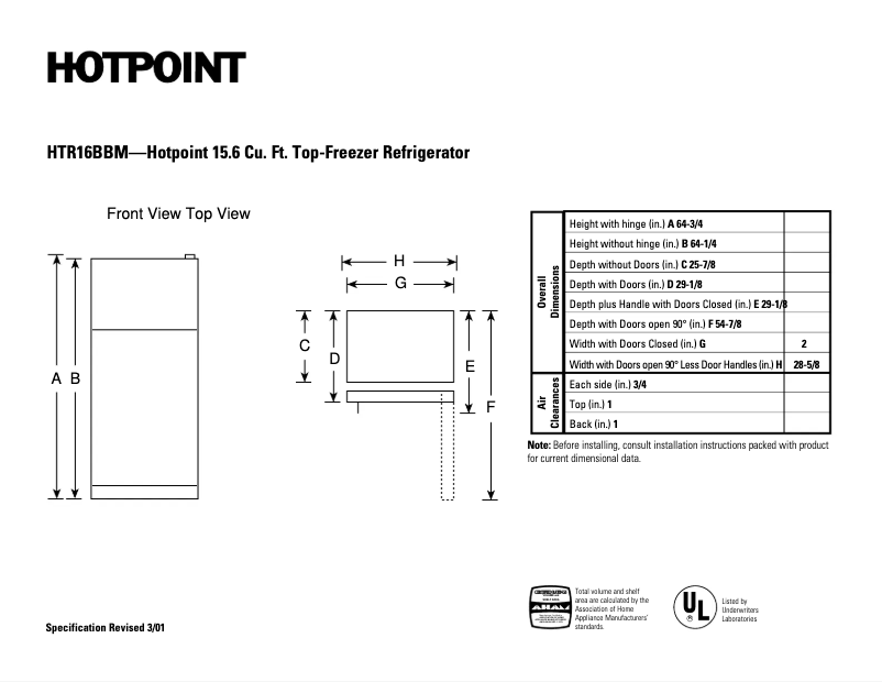 Página 1 del manual Ficha técnica Hotpoint HTR16BBMLWW