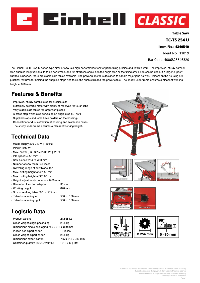 Página 1 del manual Ficha técnica Einhell TC-TS 254 U