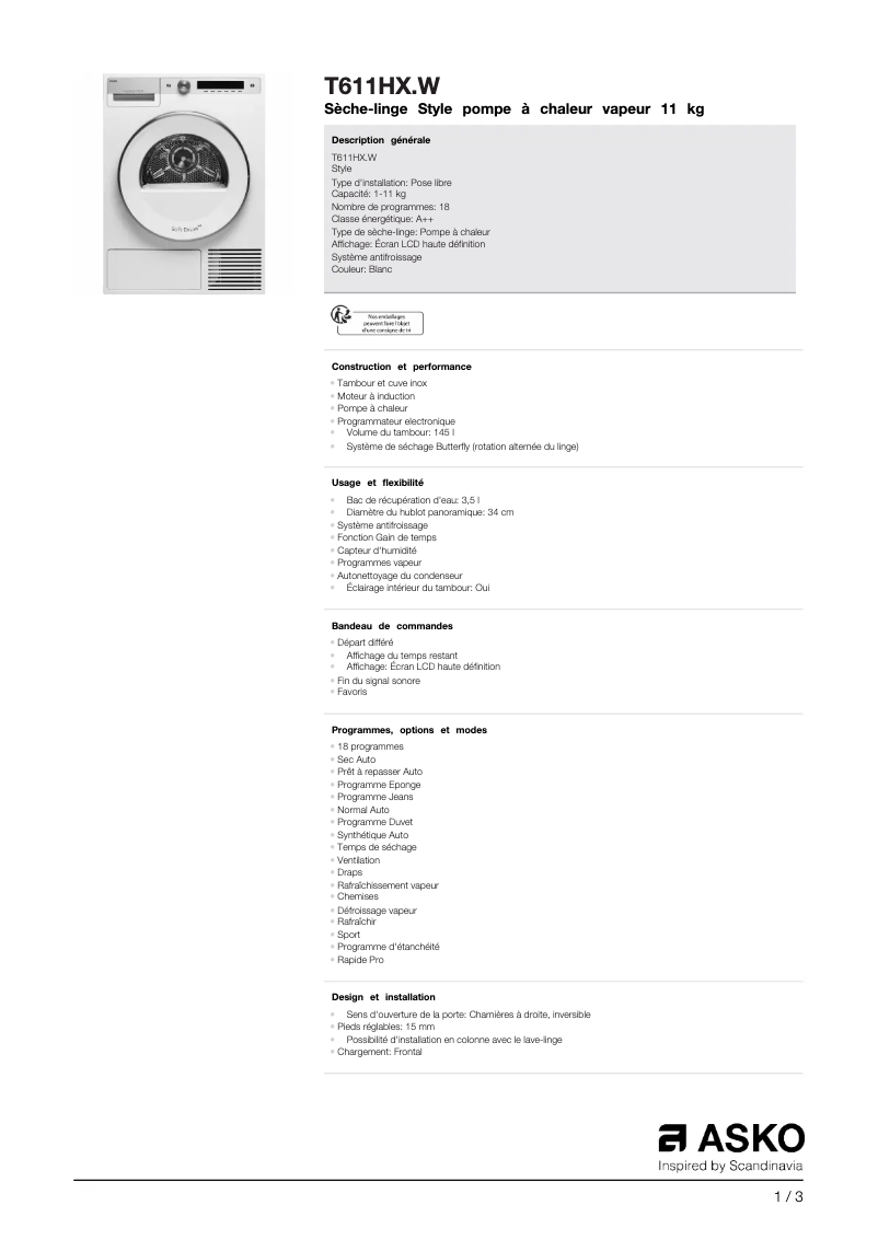 Page 1 de la notice Fiche technique Asko T611HX.W