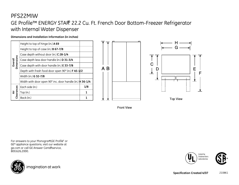 Página 1 del manual Ficha técnica GE PFS22MIWBB