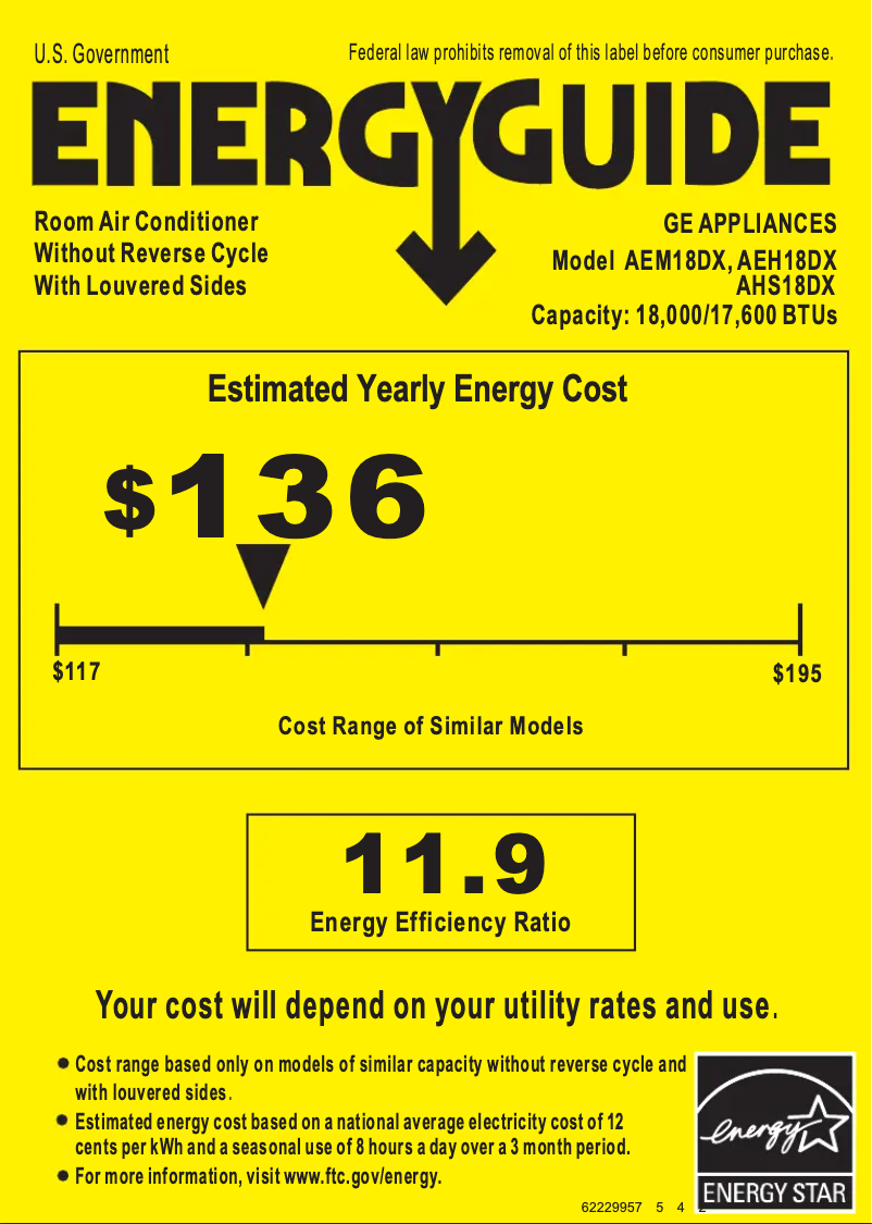 Página 1 del manual Etiqueta energética GE AEH18DX