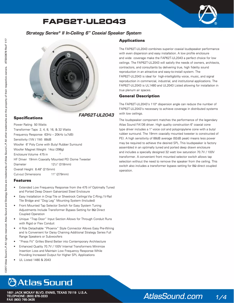 Page 1 de la notice Manuel utilisateur Atlas Sound FAP62UL