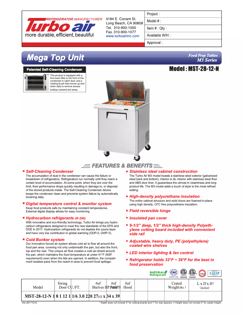 Página 1 del manual Ficha técnica Turbo air MST-28-12