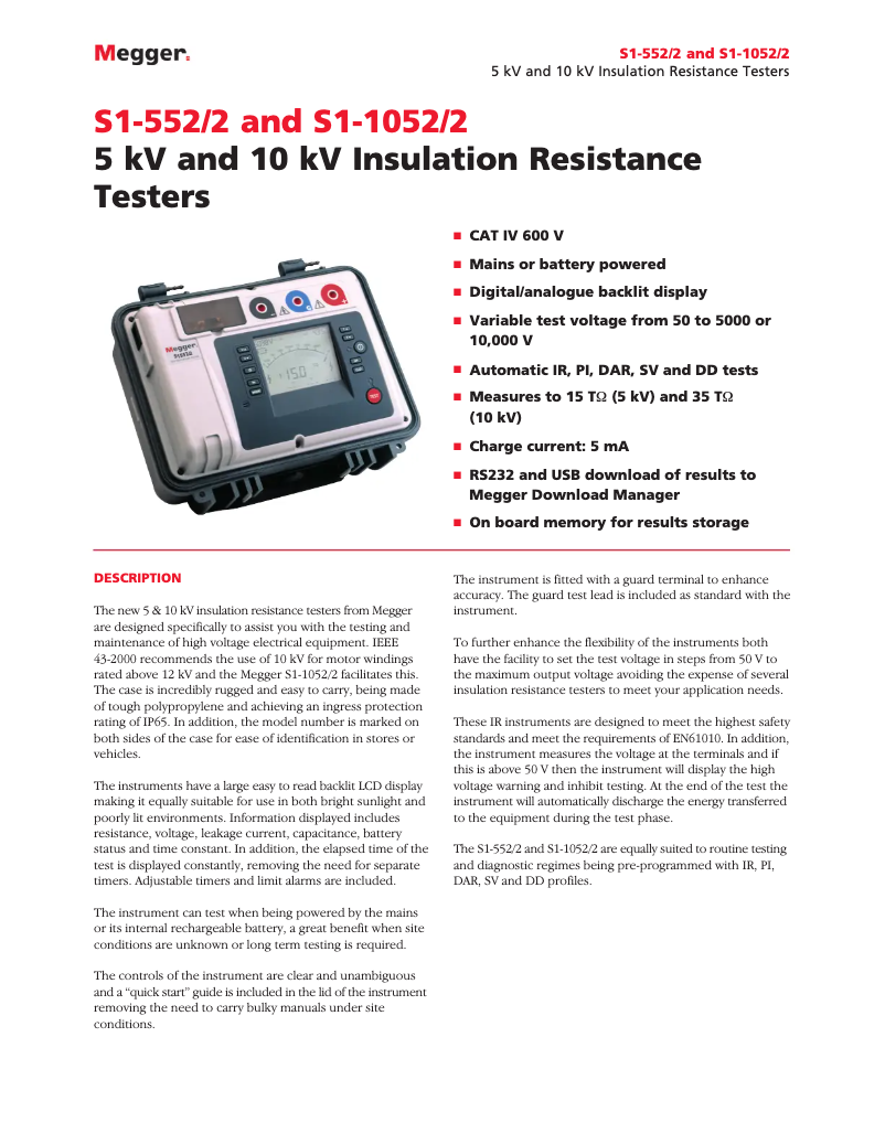 Página 1 del manual Ficha técnica Megger S1-1052/2