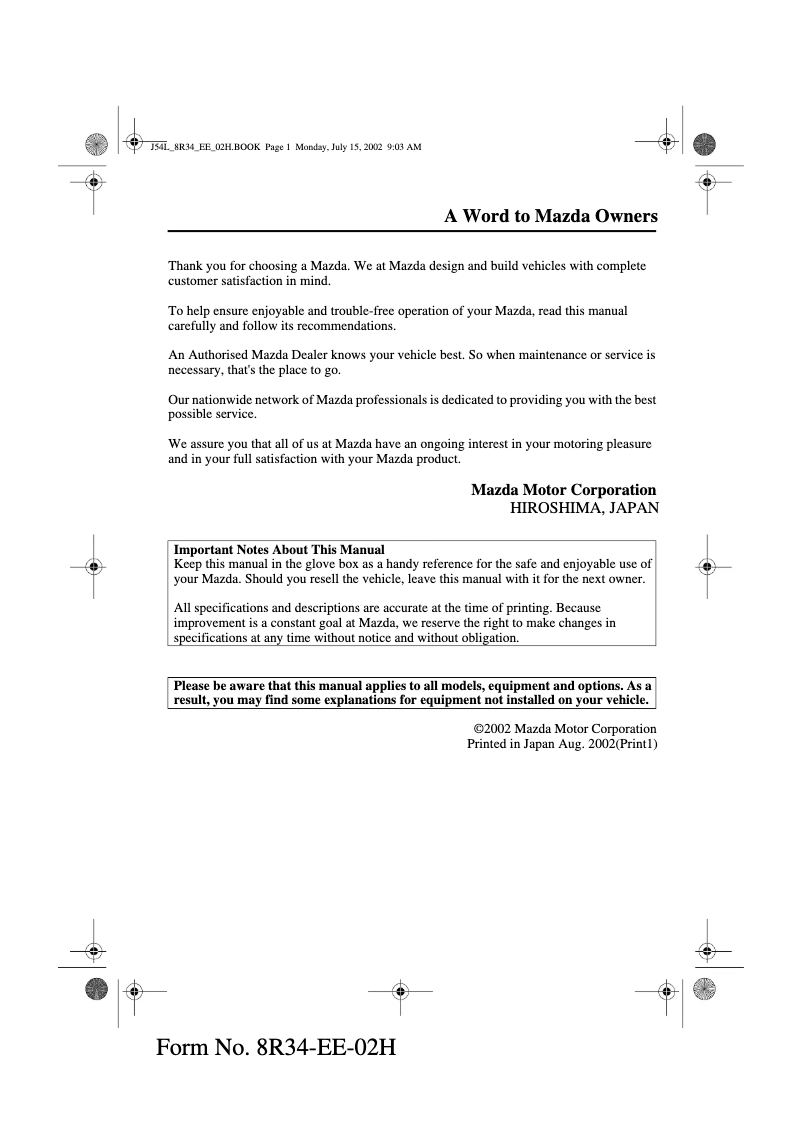 Page 1 de la notice Manuel utilisateur Mazda Premacy (2002)