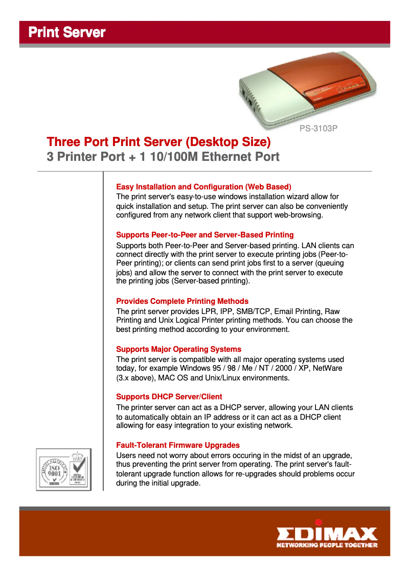 Page 1 de la notice Fiche technique Edimax PS-3103P