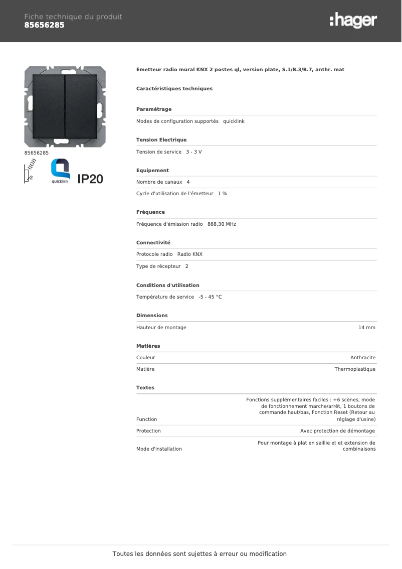 Page 1 of the manual Technical Sheet Hager 85656285