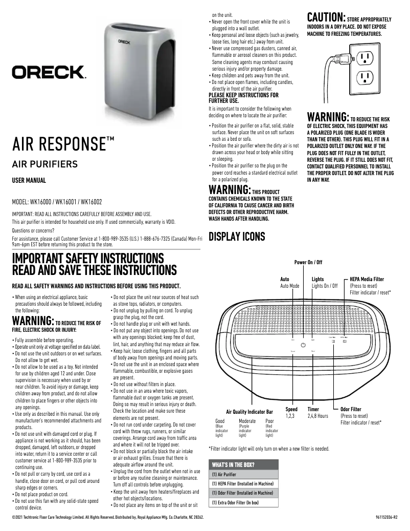 Página 1 del manual Manual de usuario Oreck Air Response WK16001PC