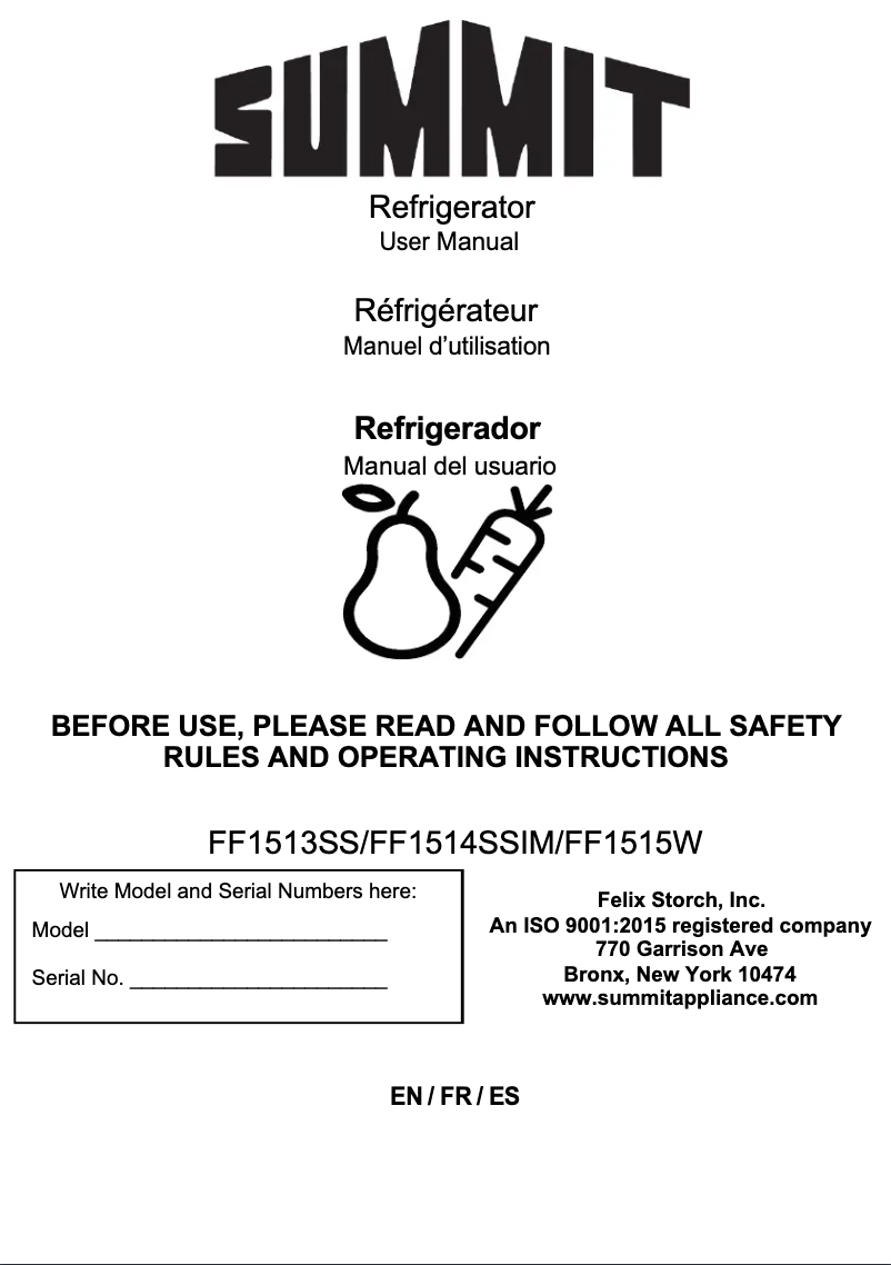 Page 1 de la notice Manuel utilisateur Summit FF1515W