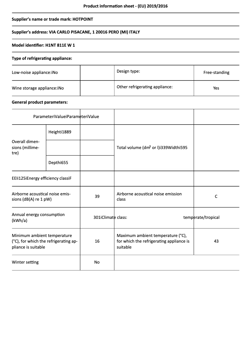 Page 1 of the manual Technical Sheet Hotpoint H1NT 811E W 1