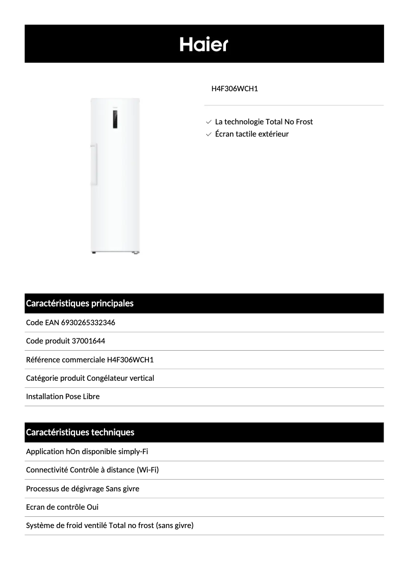 Page 1 de la notice Fiche technique Haier H4F306WCH1