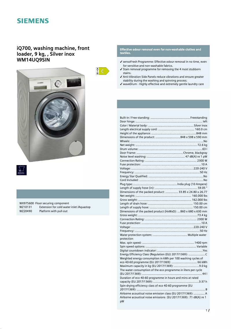 Page 1 de la notice Fiche technique Siemens WM14UQ9SIN
