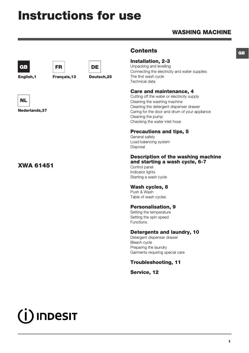 Página 1 del manual Manual de usuario Indesit XWA 61451