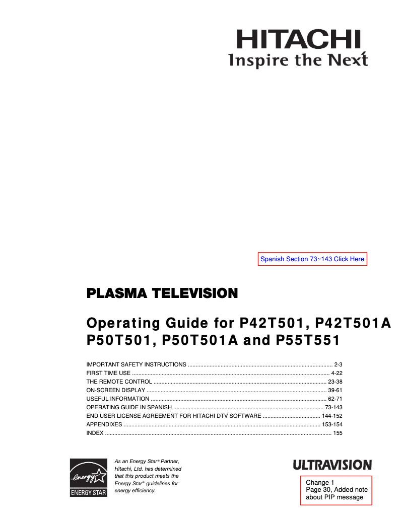 Page 1 de la notice Manuel utilisateur Hitachi P42T501A