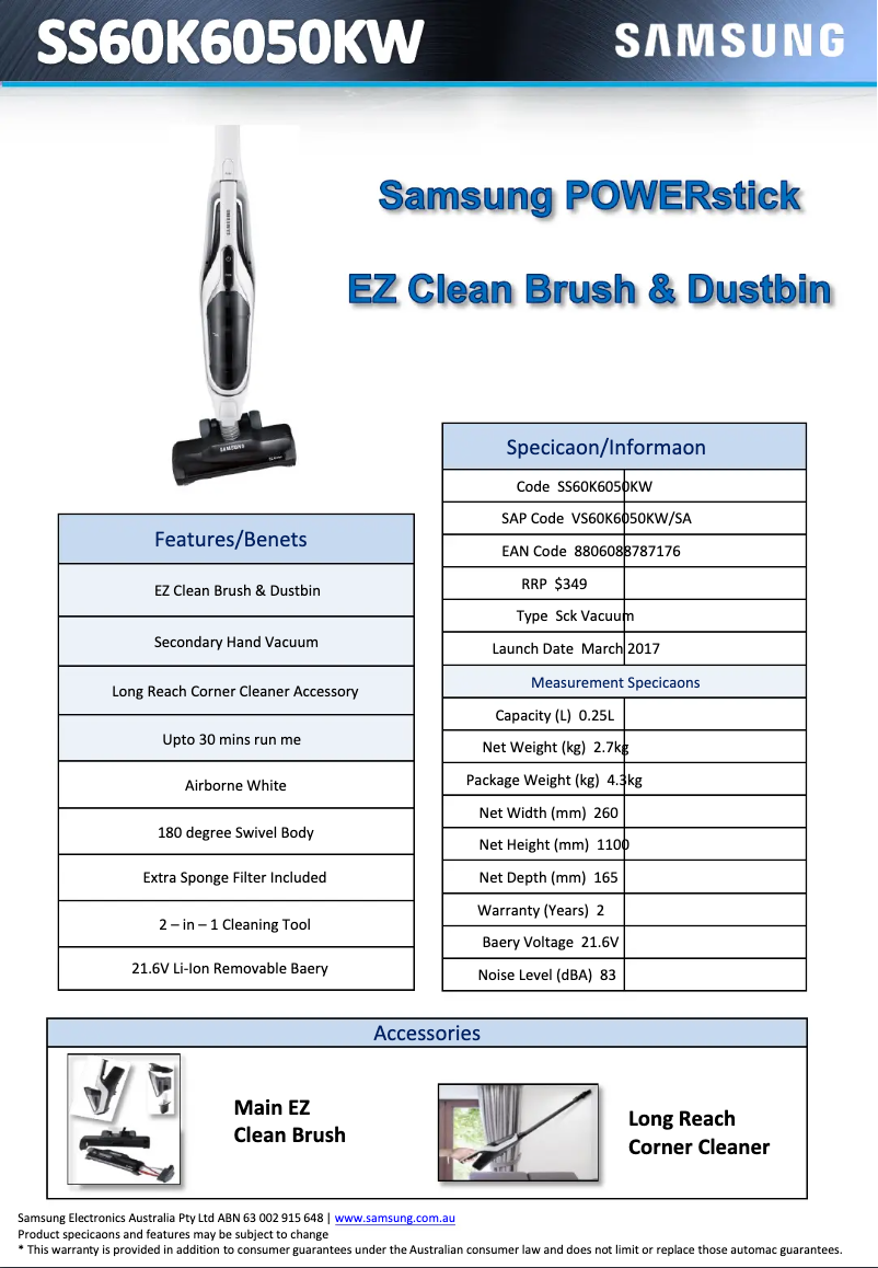 Page 1 de la notice Fiche technique Samsung SS60K6050KW