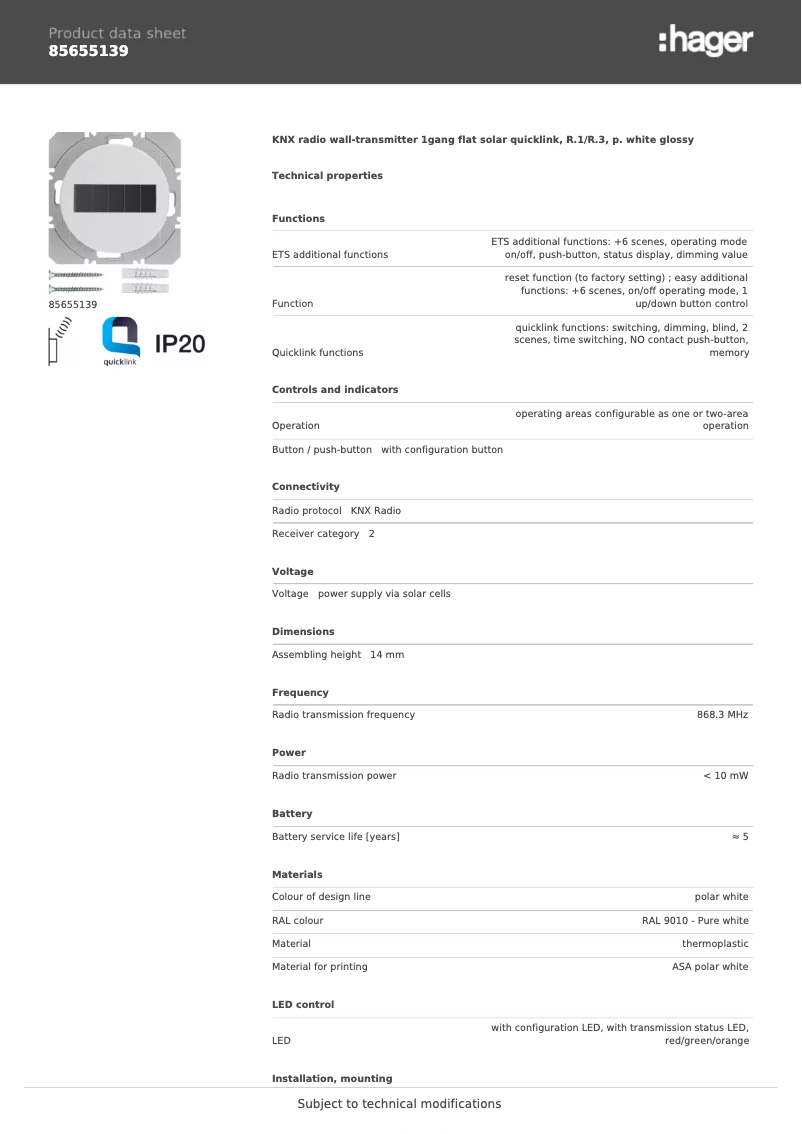 Page 1 de la notice Fiche technique Hager 85655139