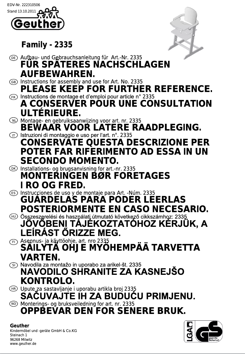 Page 1 de la notice Manuel utilisateur Geuther Family