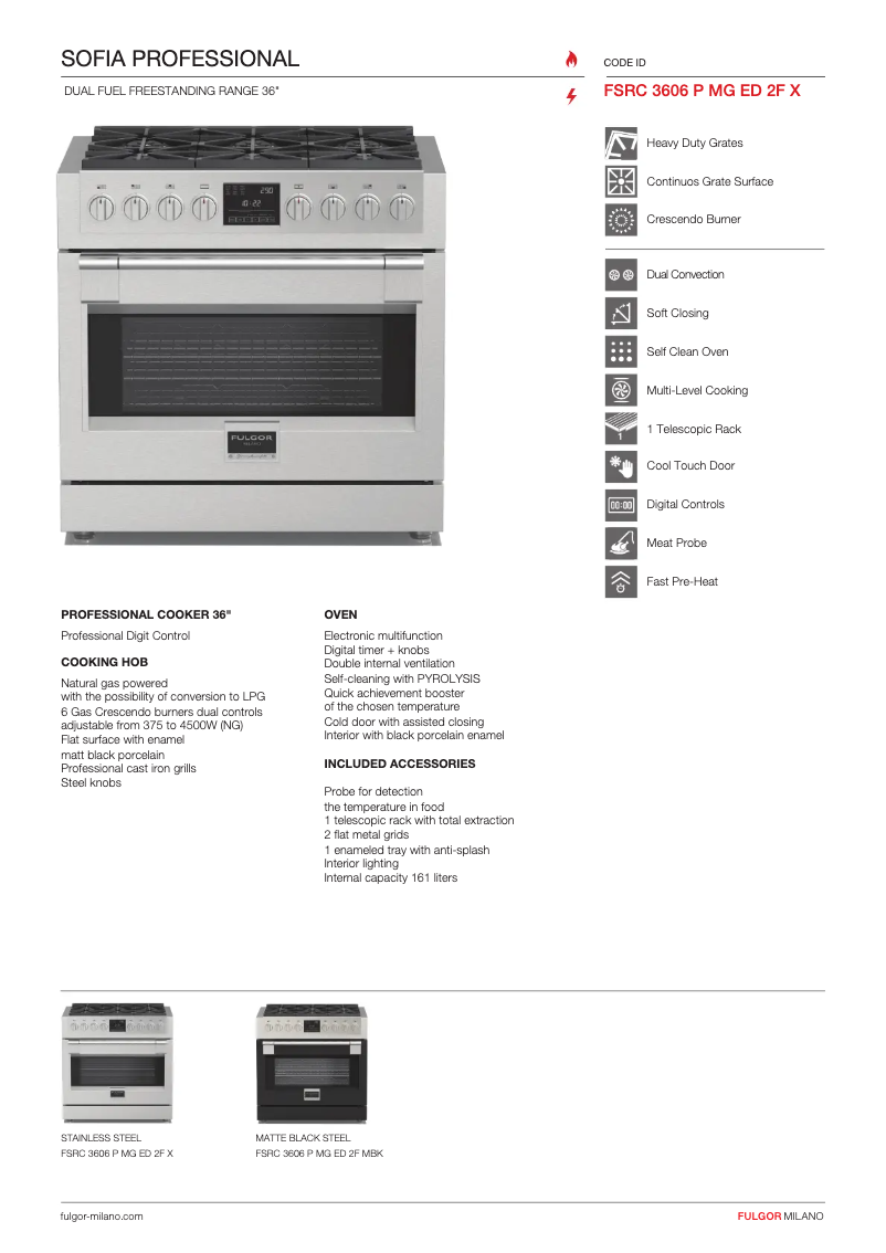 Page 1 de la notice Fiche technique Fulgor Milano FSRC 3606 P MG ED 2F X