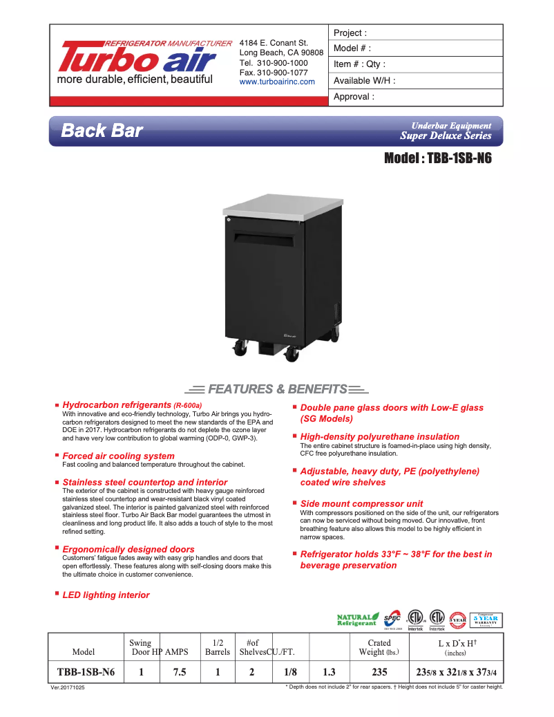 Página 1 del manual Ficha técnica Turbo air TBB-1SB