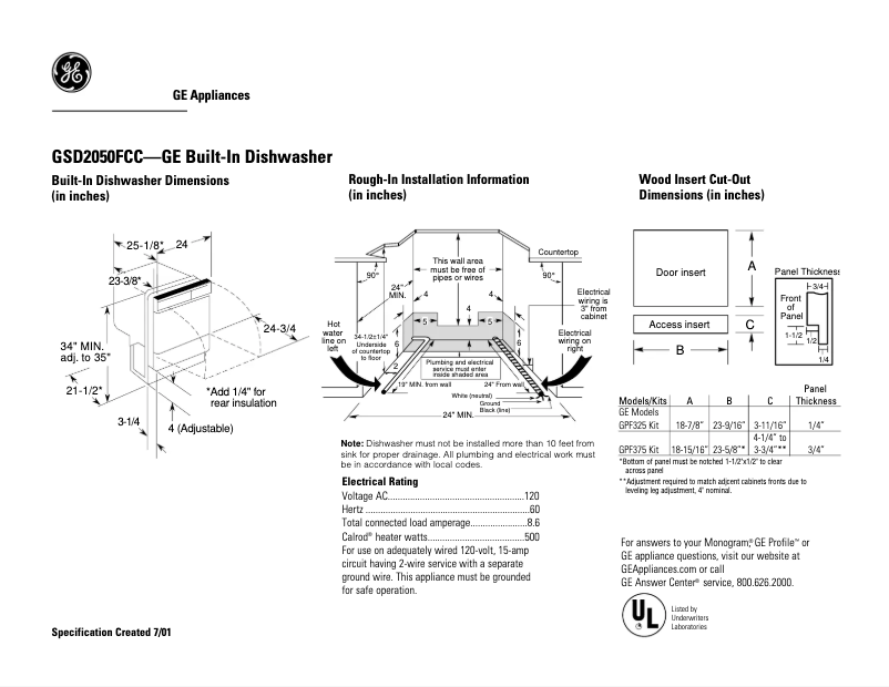 Página 1 del manual Ficha técnica GE GSD2050FCC