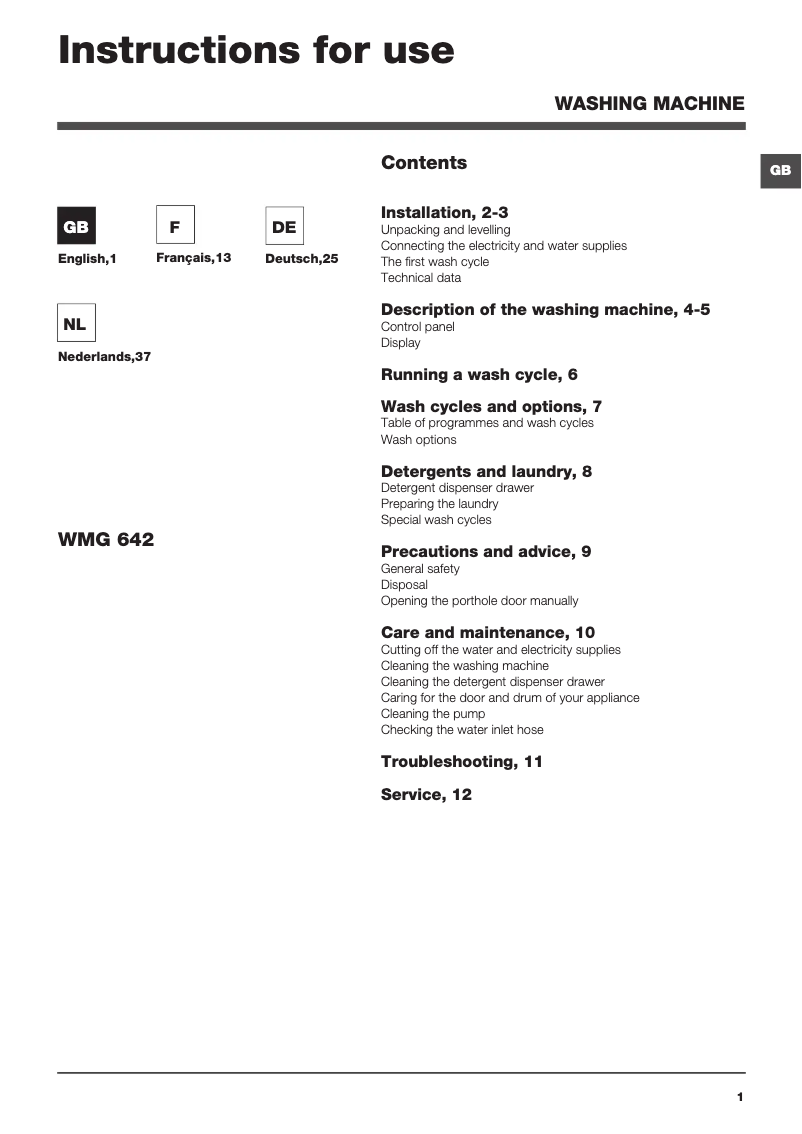 Página 1 del manual Manual de usuario Hotpoint Maxi WMG 642