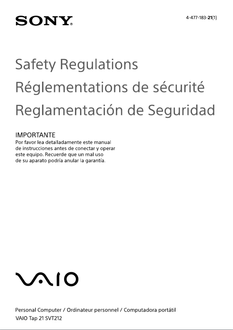 Page 1 de la notice Instructions de sécurité Sony Vaio Tab 21 SVT21213CXB