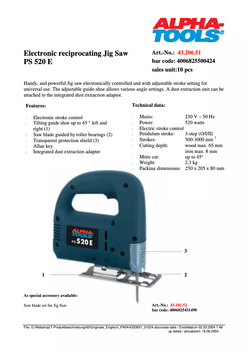 Page 1 de la notice Fiche technique Alpha Tools PS 520E
