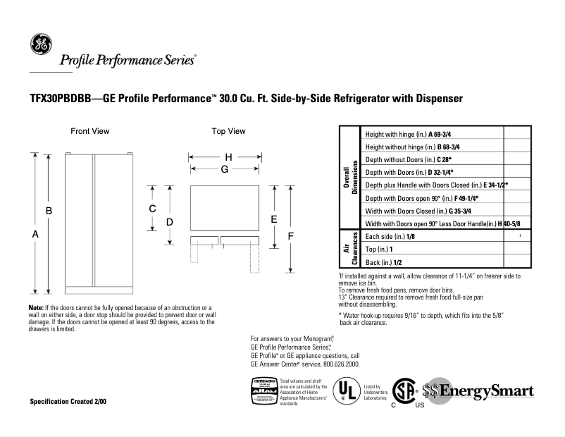 Page n°1 - Fiche technique GE Profile Performance TFX30PBDBB