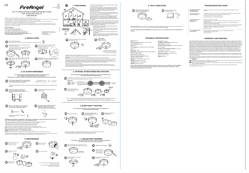 Page 1 de la notice Manuel utilisateur FireAngel CW1-PF-T
