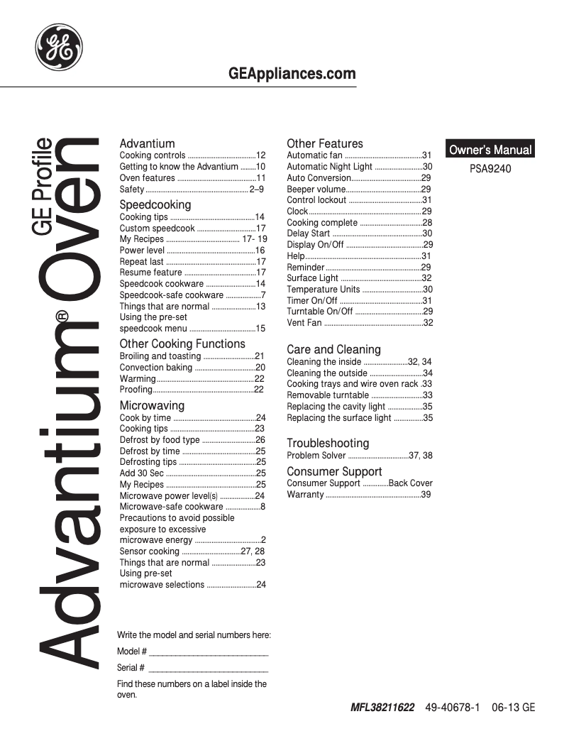 Page n°1 - Mode d'emploi GE PSA9240DFBB