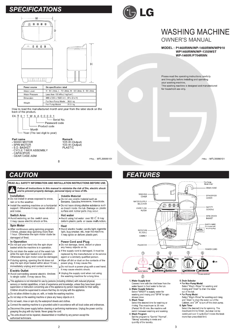 Page 1 de la notice Manuel utilisateur LG WP-1460RWN