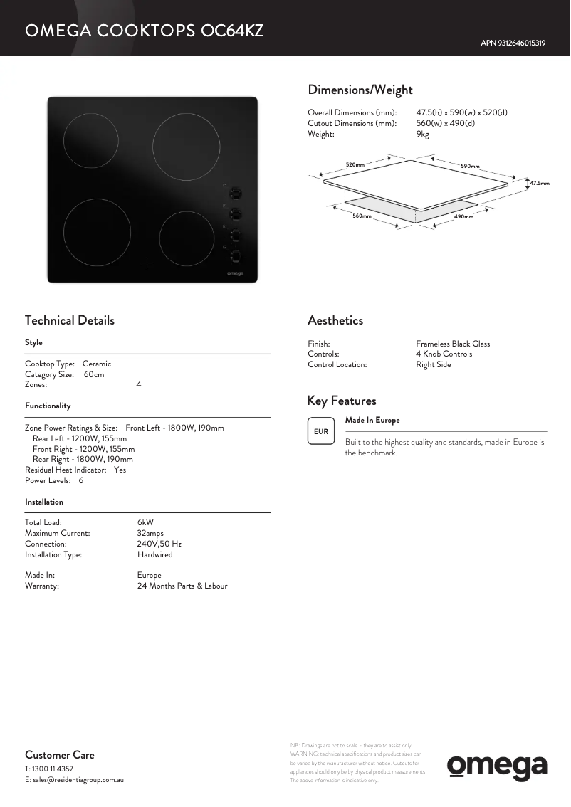 Page 1 de la notice Fiche technique Omega OC64KZ