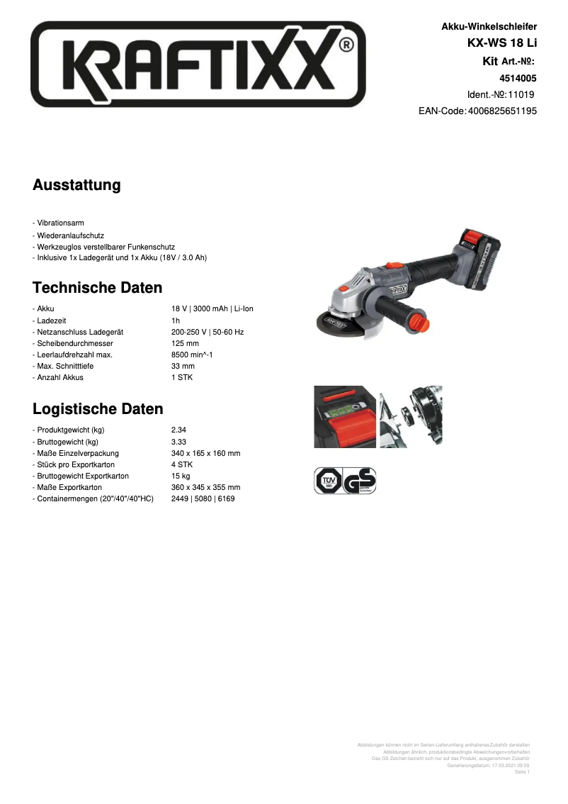 Page 1 de la notice Fiche technique Kraftixx KX-WS 18 Li