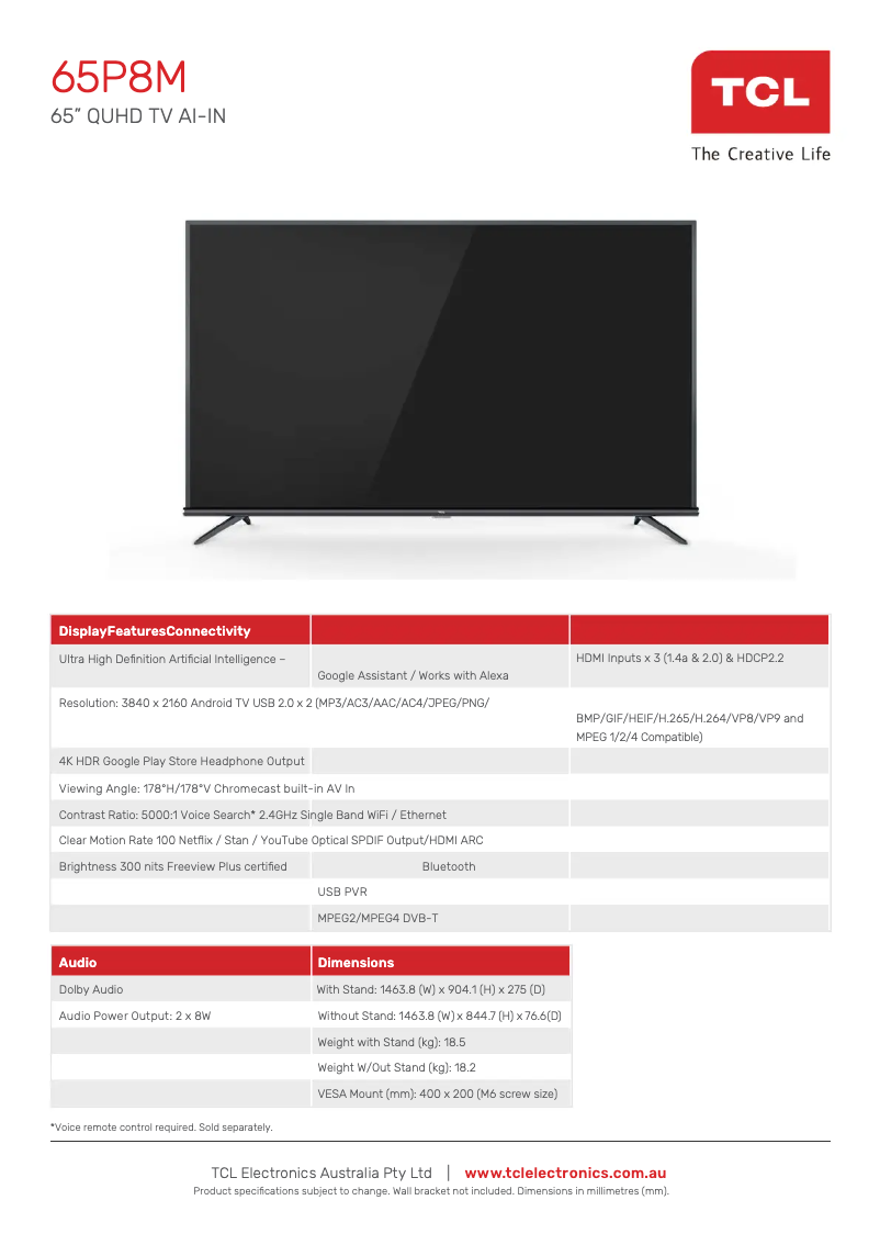 Page 1 of the manual Technical Sheet TCL 65P8M