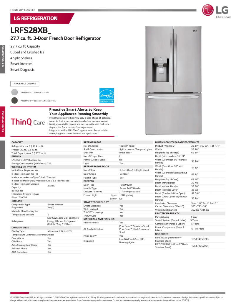 Page 1 de la notice Fiche technique LG LRFS28XBS