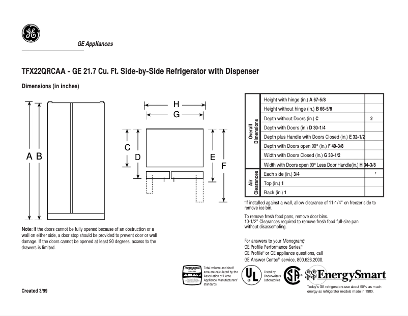 Page 1 of the manual Technical Sheet GE TFX22QRCAA