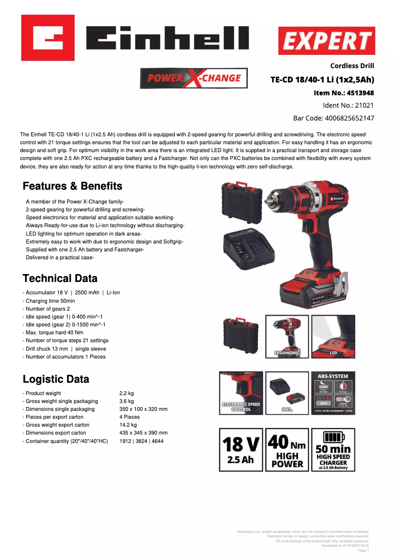Page 1 de la notice Fiche technique Einhell TE-CD 18/40-1 Li