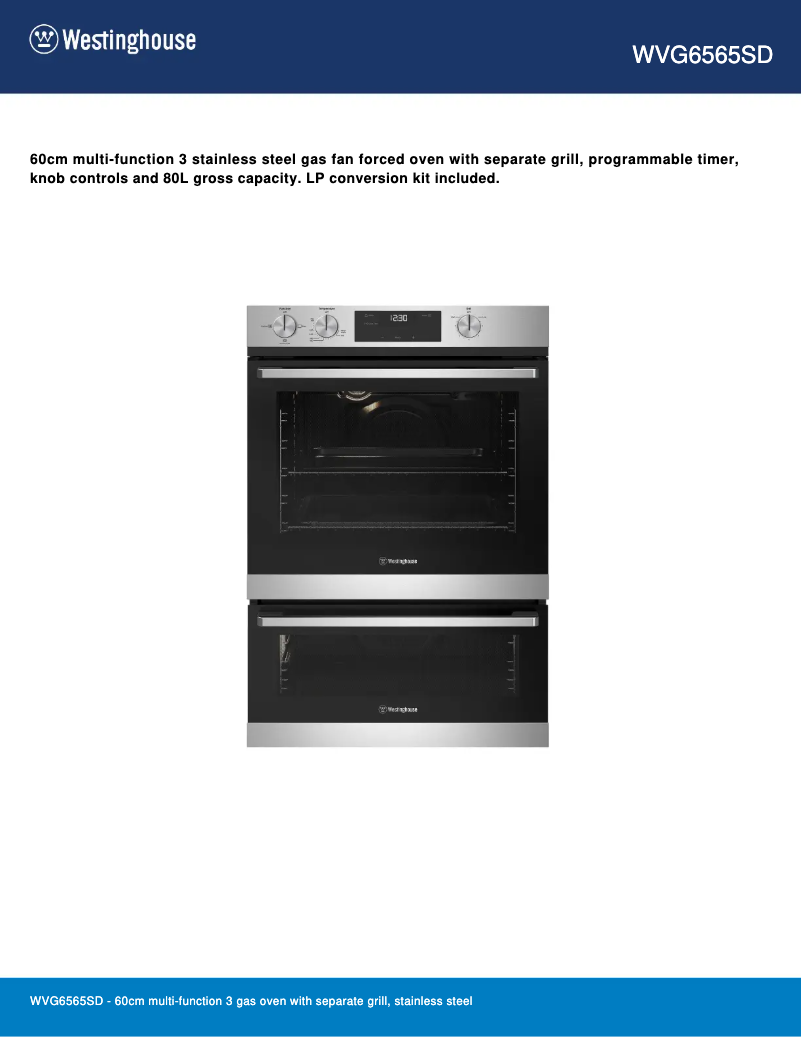 Page 1 de la notice Fiche technique Westinghouse WVG6565SD