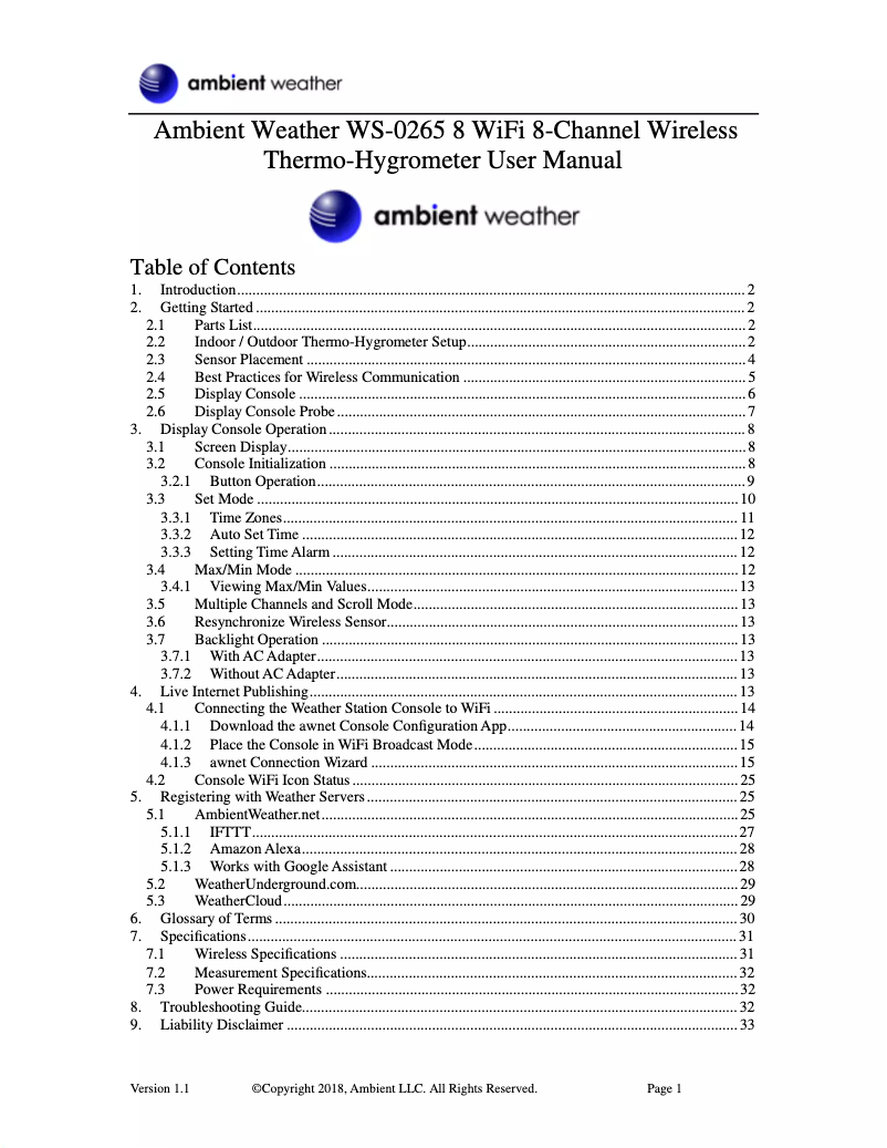Page 1 de la notice Manuel utilisateur Ambient Weather WS-0265