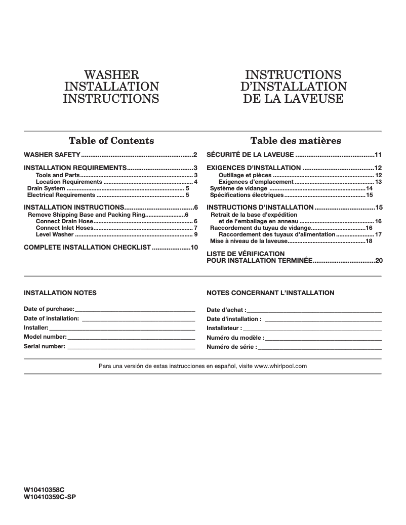 Page 1 de la notice Manuel utilisateur Whirlpool WTW8500BR